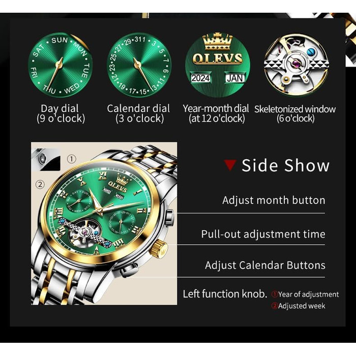 Чоловічий годинник OLEVS 6607 Кварцовий зі спортивним дизайном (диск колеса), водонепроникний, сталь, підсвітка, Зелений/Золотий
