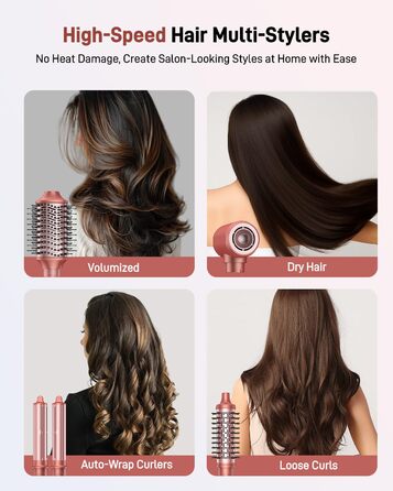 HITTIONA Airstyler 5 в 1: фен, плойка для локонів Auto-Wrap, іонізація, швидка сушка, захист від тепла, для створення локонів та шовковистого волосся, з чохлом, колір - полуниця