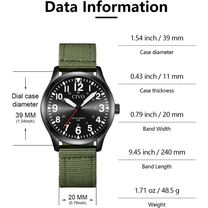 Годинник чоловічий CIVO водонепроникний з надійним ремінцем з нейлону, аналоговий кварц, великі цифри, світловідбиваючий, спортивний, для активного відпочинку, легкий у читанні, ідеальний подарунок (нейлон, B-2 зелений/чорний)