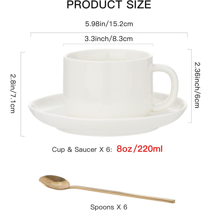 Набір кавових чашок і блюдець Porzellan (4 шт.), з золотою ложкою, 220 мл, кераміка. Чашки капучино для чаю, еспресо (білий)