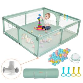 COMOMY Playpen Baby, 150x180x66cm Playard Baby Large XXL Safety Play Area Protective Fence for Children with Soft Net, Non-Slip Oxford Bottom, Balls, Mini Baskets, and 4 Pull Rings 150x180x66cm Dark Green
