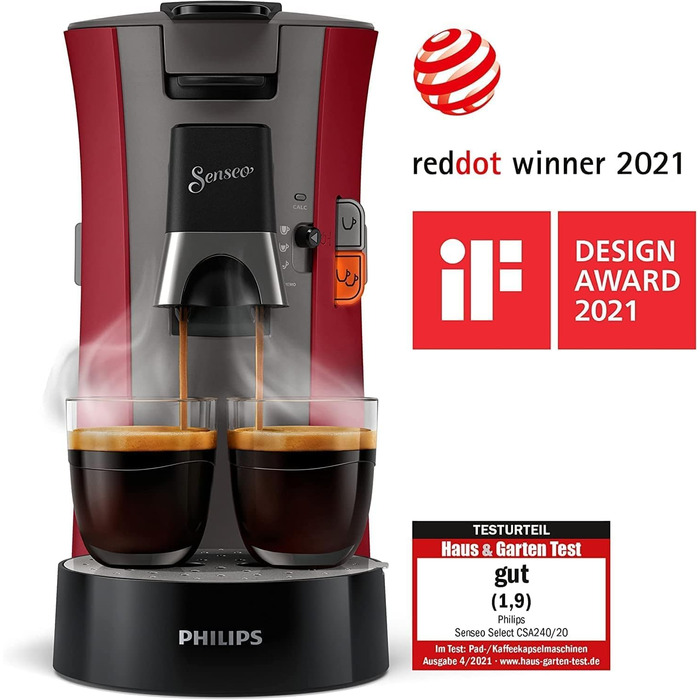 PHILIPS Senseo Select Coffee Pad Machine - Coffee Strength Choice Plus, Memo Function, Made from Recycled Plastic, 1450 Watts, 0.9 Liters, Red (CSA240/90)