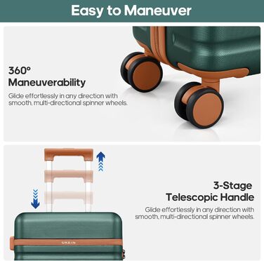 Набір валіз UKEIN 3 шт. з PC корпусом, міцний дорожній набір, ручна поклажа з TSA замком, 4 спіннер колеса, рюкзак та косметичка (3 шт.) (Темно-зелений)