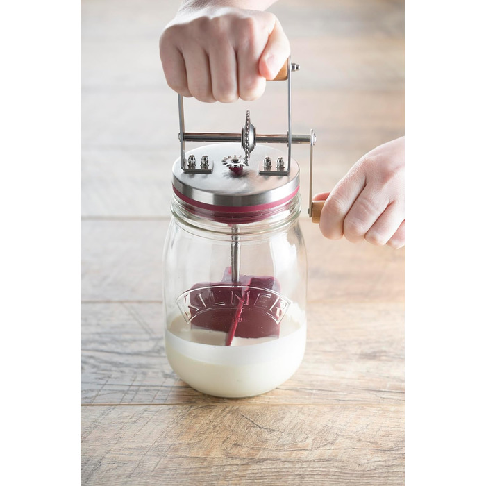 Kilner Butter Churn Glass with Hand Crank, Manual Hand Crank and Silicone Mixer, 1L, Opening: 7.2 cm, 16.5 cm x 11 cm x 27 cm, Make butter yourself in about 10 minutes, Glass butter container (pack of 2)