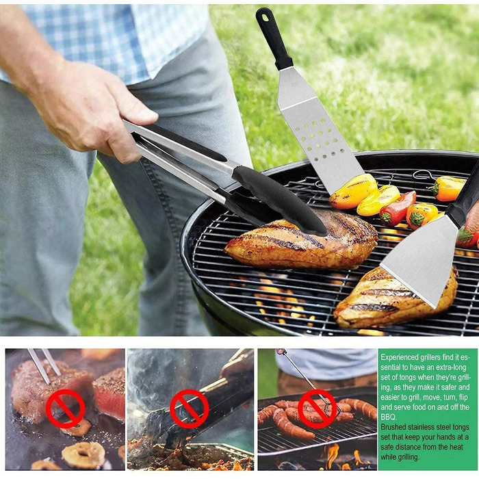 Набір з 12 штук шпателів для гриля AMZMUKAUP, інструмент для барбекю з нержавіючої сталі з сумкою, ідеальний для гриля на відкритому повітрі, Дня батька, Дня народження, Різдва, тепаньякі та кемпінгу