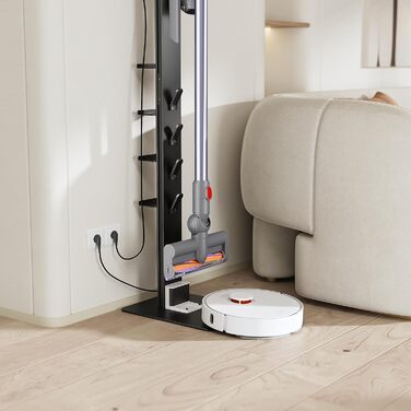 PureMounts Vacuum Cleaner Stand with Angled Baseplate for Robot Vacuums, 8 Accessory Holders, Compatible with Dyson V6, Dyson V7, Dyson V8, Dyson V10, Dyson V11, Dyson V12, Dyson V15, Black for Vacuum Cleaners + Robot Vacuums 8x Accessory Holders Black