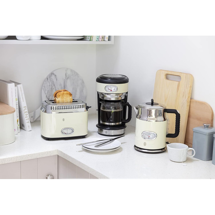 Russell Hobbs Toaster [for 2 slices] Retro Stainless Steel Cream (Retro-style countdown display, includes bun warmer, 6 browning levels + defrost & reheat function, 1300W) Vintage 21682-56