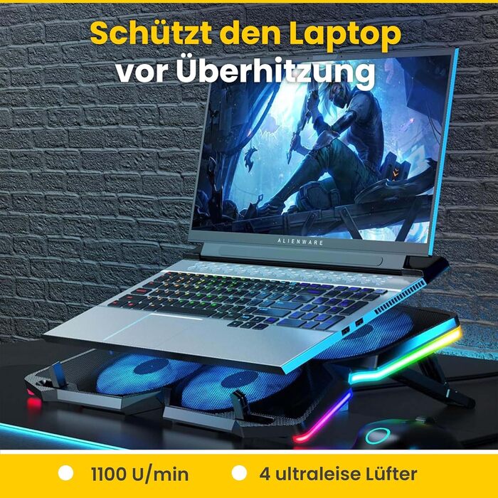 Охолоджувач для ноутбука Offgridtec K25 Pro, підставка з 4 тихими вентиляторами (1100 об/хв), 2 USB-порти, регулювання висоти, ергономічний дизайн для геймерських ноутбуків та консолей 10-17 дюймів, синій