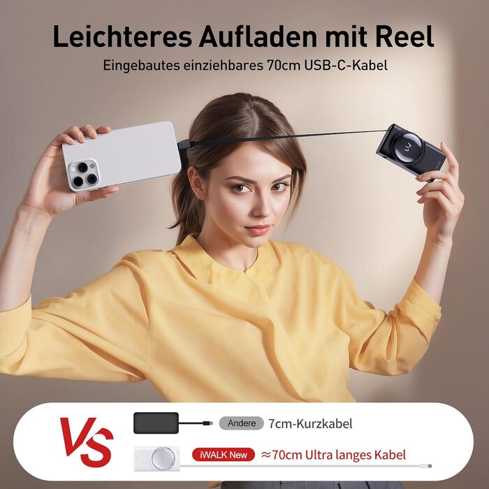 Power Bank iWALK 10000mAh з вбудованим кабелем USB-C 70см, 3 виходи, 30W PD, для iPhone, Samsung, Android, iPad (Чорний)