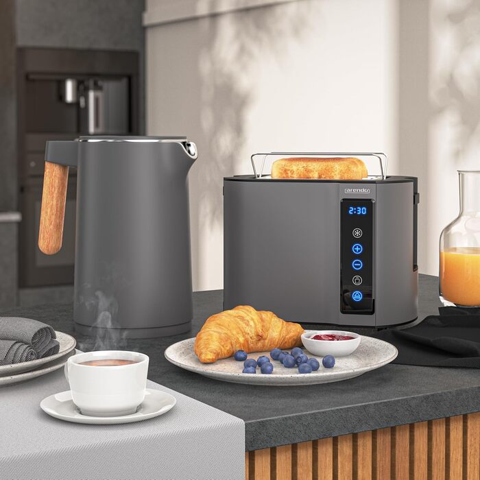 Набір Arendo: Електричний чайник з регулюванням температури та тостер з сенсорним дисплеєм (2 слоти) - нержавіюча сталь, сірий