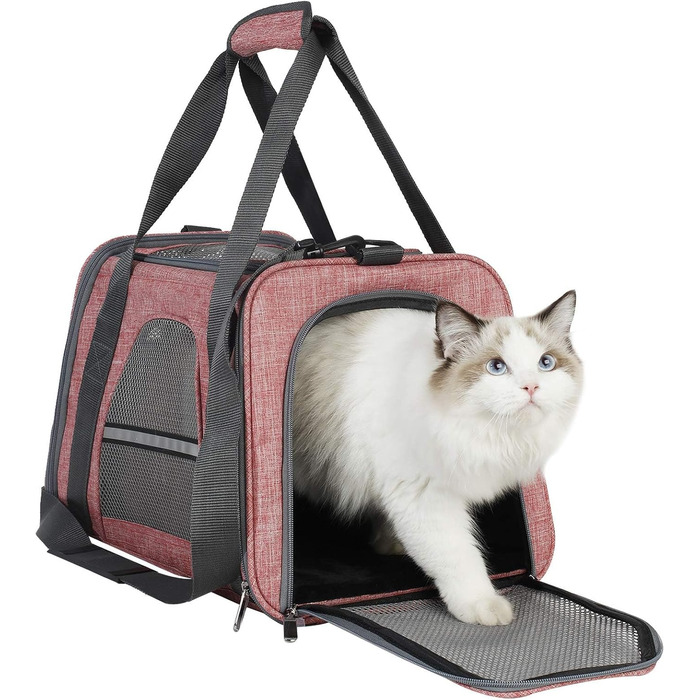 Транспортна сумка для котів HiCaptain, складана, з плечовим ременем, м'яко стьобана, переноска для собак та кошенят до 7 кг (рожевий/червоний), 46 x 29 x 30 см