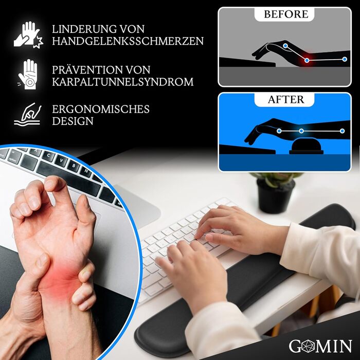 Підставка для зап'ястя Gomin - ергономічна, з Memory Foam, протиковзка, для миші, ноутбука, комп'ютера, геймінгу, клавіатури