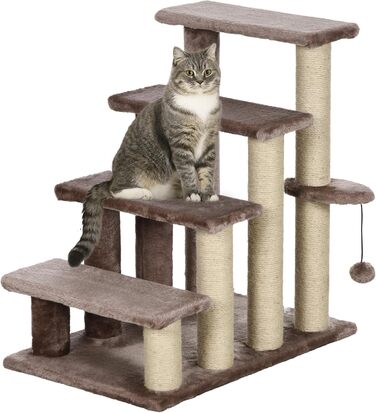 PawHut 3-Step Pet Stairs with Scratching Posts, Ball, Dog Stairs, Pet Stairs for Cats up to 5 kg, Plush Jute, White, 45 x 40 x 48 cm (60L x 40W x 64H cm, Brown)