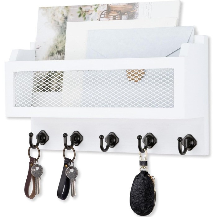 Brief and Key Holder for Wall Decoration, 27.9 cm (11 inches) Wooden Wall Key Organizer with 5 Key Hooks, Wall Mount, Storage Shelf for Entryway, Hallway (white)
