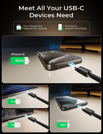 Набір USB-C кабелів LISEN 60W (3x1м + 1x2м), чорний. Підтримка PD 3.0, сумісний з iPhone, Switch, Samsung, MacBook, iPad, Xiaomi