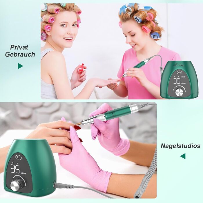 Електричний фрезер для нігтів 6 в 1: манікюрний набір з LED дисплеєм, 35000 об/хв, для гель, акрил, Shellac. Підходить для початківців та професіоналів (Зелений)