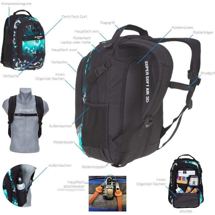 Рюкзак дитячий Elephant HERO SIGNATURE Flower, блакитно-чорний градієнт