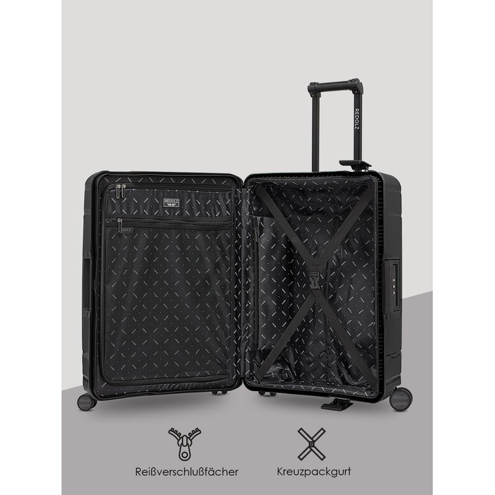 Набір валіз REDOLZ Hartschalen 3-ті: міцний поліпропілен, TSA-замок, 4 колеса, система 3-точкового закриття. Розмір M (65 см), Deep Black.