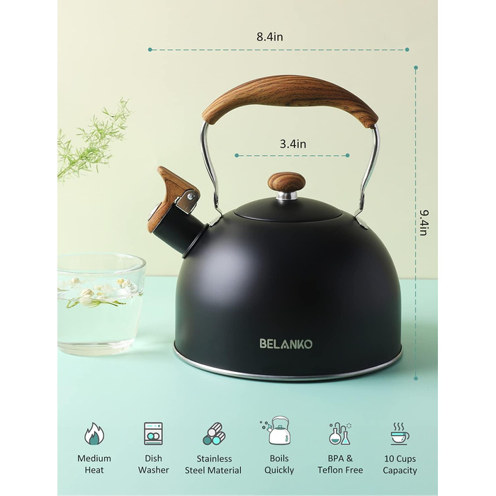 Чайник BELANKO з свистком, 2,5 л, нержавіюча сталь, з дерев'ястим малюнком, складаний ручка, для чаю, кави, молока – блакитний (чорний)