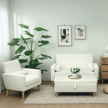 HOMCOM Upholstered Ottoman with Storage, Wooden Legs, Soft Fabric Cover, Cream White