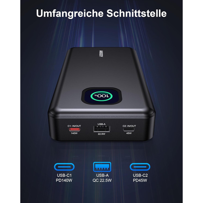 Power Bank 140W, 25000mAh з дисплеєм для ноутбука, MacBook, iPad, iPhone, Switch, Dell XPS (Сірий)