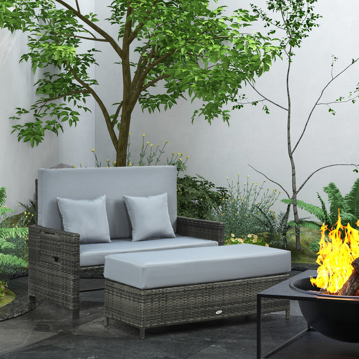 Крісло-диван Polyrattan Outsunny на 2 місця, садовий диван з подушками та пуфом, сірий шезлонг для тераси та балкону