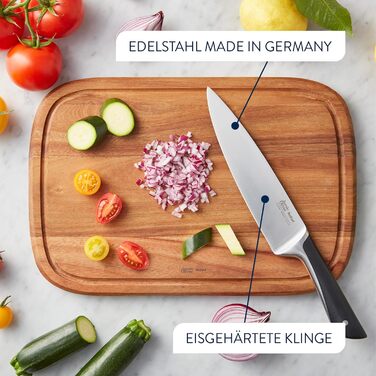 Набір ножів кухонних Jamie Oliver by Tefal (5 предметів) + блок: шеф-ніж, сантоку, для хліба, універсальний, овочечистка. Німецька сталь, акація, коричневий K267S556