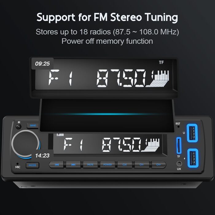 Автомагнітола Bluetooth 5.0 Avylet, 1 DIN, FM, 2 USB, AUX, MP3, 7 кольорів, підтримка карт пам'яті, гучний зв'язок
