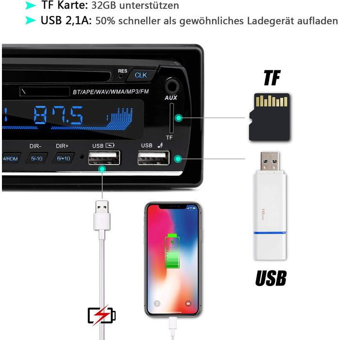 Автомобільна магнітола 1 DIN з Bluetooth, FM-радіо, MP3-плеєром, гучним зв'язком, керуванням на кермі, 2 USB для музики та зарядки