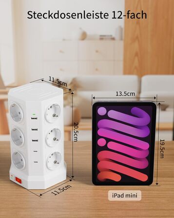 Блок розеток із захистом від перенапруги (3680W/16A), 12 розеток з 5 USB, мережевий фільтр з вимикачем, 1,5м кабель, захист 1050J, для дому/офісу, білий