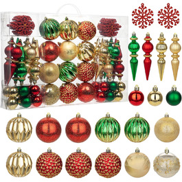 Набір прикрас для ялинки 92 шт. – Стійкі до пошкоджень ялинкові кулі блакитного та золотого кольорів – прикраси для ялинки, вінка, різдвяний декор (червоний та зелений)