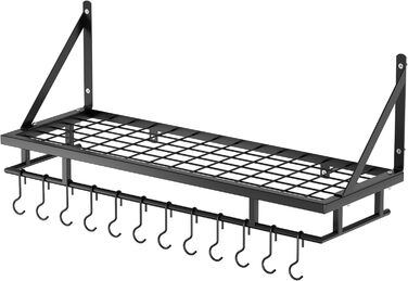 Kitchen Utensil Holder, Pan Holder, Kitchen Shelf, Kitchen with 12 Hooks, Hanging Shelf, Spice, Pan Shelf, Wall Shelf, Kitchen Rail, 75CM Wall Mount, Matte Black, KUR215S75A-BK