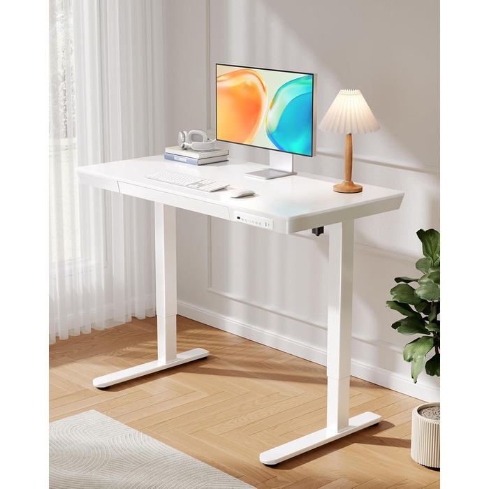 Електричний стіл ErGear 120x60 см з регулюванням висоти, шухлядою і цільною білою дерев'яною стільницею для дому та офісу