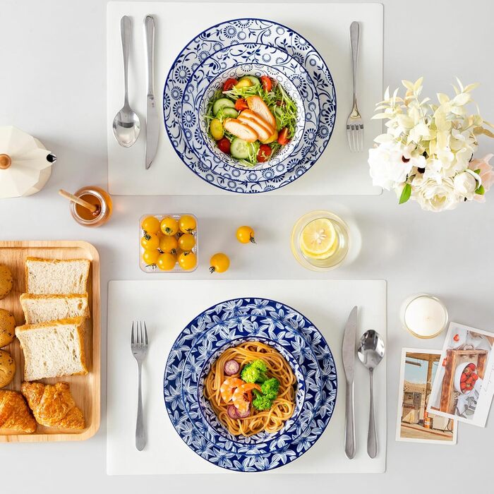 Набір мюслі-тарілок Vancasso Selene (6 шт.) з порцеляни, 720 мл – блакитно-білі керамічні тарілки для мюслі, салату, супу, рамену, фруктів та десерту