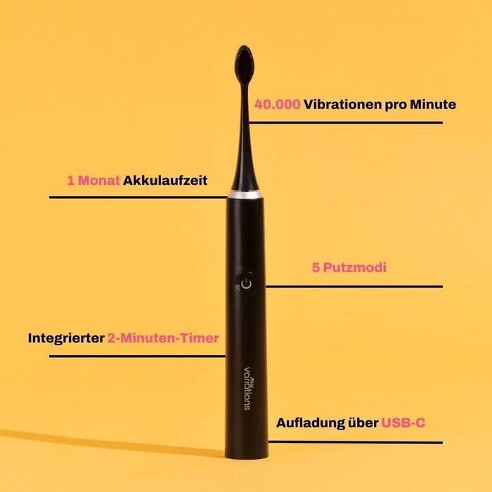 Електрична зубна щітка My Variations чорна: 5 режимів, таймер 2 хв, акумулятор на місяць