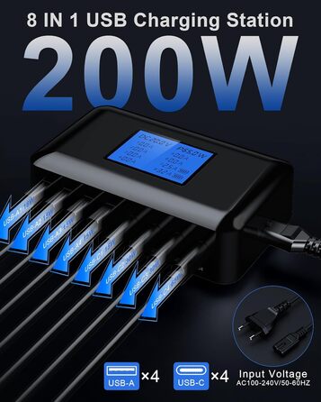 Зарядний пристрій RENGOGA 200W USB-C GaN 8 портів з LED дисплеєм для MacBook, iPad, iPhone, Samsung Galaxy - чорний