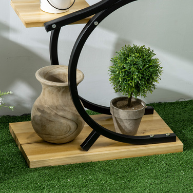Outsunny Plant Shelf S-Shaped Flower Ladder 4-Tier Plant Stand with Metal Frame and Solid Wood Black 46x25x91cm for Garden & Balcony