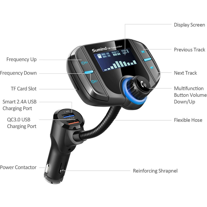 Bluetooth FM трансмітер з дисплеєм 1,7 дюйма та двома USB-портами, чорний