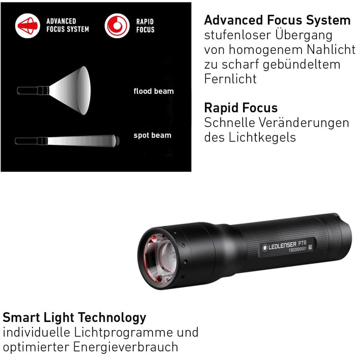 Ліхтарик Ledlenser P7R LED, акумуляторний, фокусування, 1000 люмен, 210 м, 40 годин, чорний