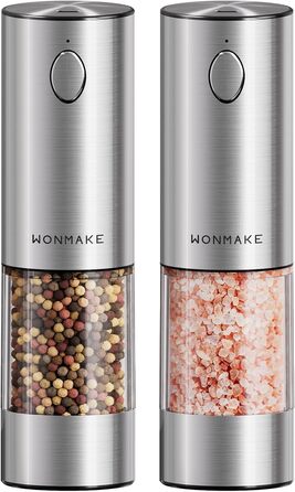 Електричні мельниці для солі та перцю WONMAKE з регульованим керамічним млинком, USB-зарядка, LED-підсвічування, великим об'ємом, для кухні (нержавіюча сталь)