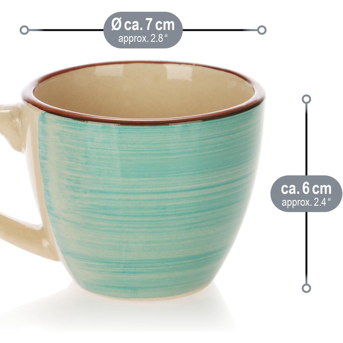 Набір з 6 керамічних чашок для еспресо Com-Four® об'ємом 125 мл - кольорові мокко-чашки ручної роботи для еспресо, мокко та рістретто (зелений/оранжевий/рожевий/синій/жовтий/сірий)