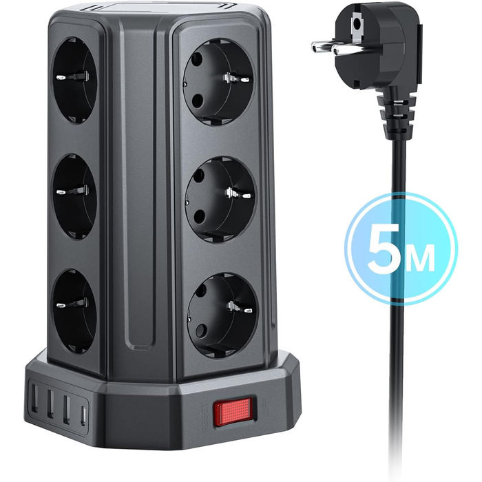 Смуга розподілу Sameriver на 12 розеток з кабелем 5м, 4 USB-порти, захист від перенапруги, чорний