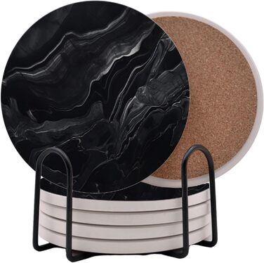 Aqua Blue Teal Marble Coasters Set of 6 - Absorbent Ceramic Coasters with Metal Stand for Drinks, Coffee, Non-Slip Cork Back for Table Protection, 10.2 cm Marble Pattern (Blue-Green) (Black)