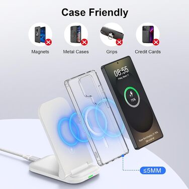Бездротова зарядка Samsung 15W з адаптером 18W для Galaxy S25/S24/S23/S22/S21/S20, iPhone 17-11, Google Pixel 10/10 Pro/9 Pro – біла, складна