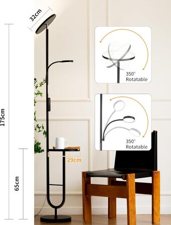 Стійка лампа LuminexDesigns з регулюванням яскравості, 36W+7W LED, 3200LM+600LM, 2700K-6500K, чорний колір. Сучасна підлогова лампа для вітальні з пультом дистанційного керування та функцією настільної лампи.