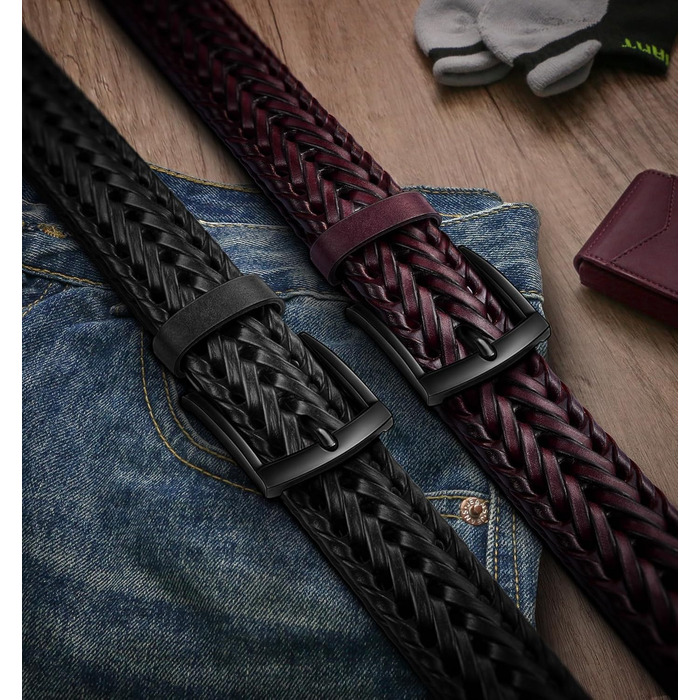 Чоловічі шкіряні ремені BULLIANT (2 шт. в наборі), плетіння, ширина 3,5 см, регульована довжина 120 см (також підійдуть для розміру 36-40), чорний/вишневий