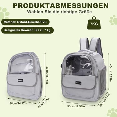 Рюкзак для кота/собаки до 7 кг, дихаючий, з сіткою та страхувальним ремінцем – водонепроникний оксфорд, для подорожей, ветеринара (сірий)
