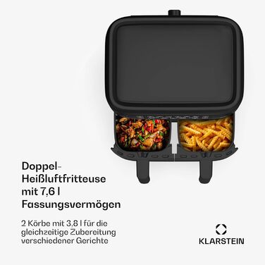 Klarstein Air Fryer, Dual Chamber Hot Air Fryer, 2850W Compact Air Fryer, 7.6L Air Fryer with Touch Control Panel, Timer, Preheat, 6 Modes, Large Hot Air Fryer, Air Fryer XL Black Duo Basic