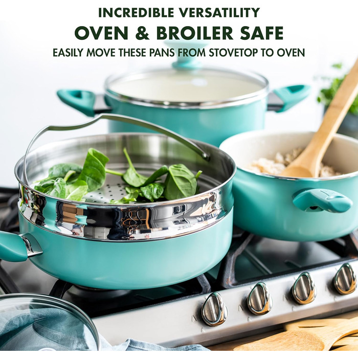GreenPan Rio Healthy Ceramic Non-Stick 16-Piece Cookware Set with Frying Pans, Sauce Pans, PFAS-Free, Stay-Cool Handle, Oven Safe up to 160°C, Dishwasher Safe, Turquoise & Crème Cookware Set 16-Piece Turquoise & Crème