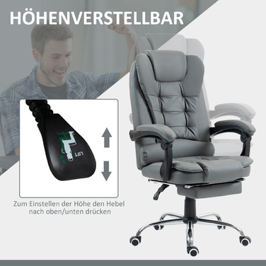 HOMCOM Chef Office Chair with Footrest, Reclining Desk Chair, Height-Adjustable Computer Chair with Armrests, Swivel Chair for Office, Faux Leather, Grey | Aosom